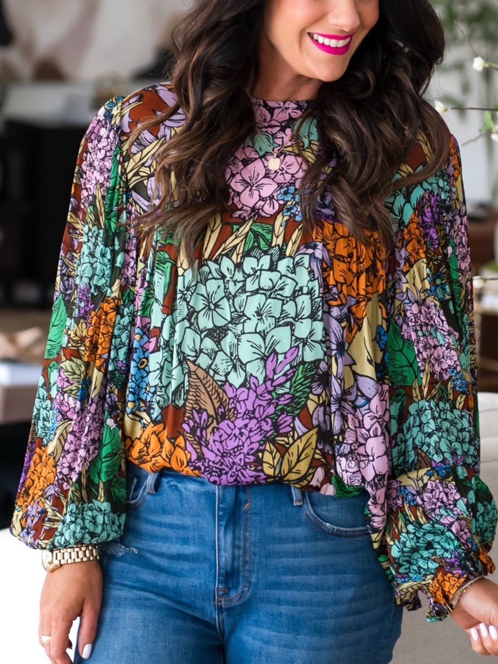 Blank London x Anthropologie Miranda Peasant Blouse Floral Print Long Sleeve 1X